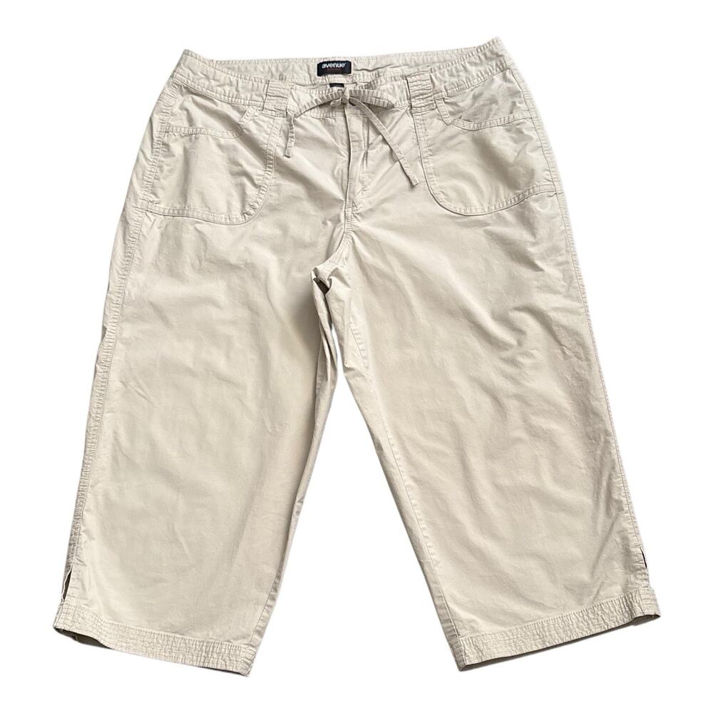 Avenue Capri Pants Womens 16 Khaki Cotton Stretch Drawstring Cropped Pockets